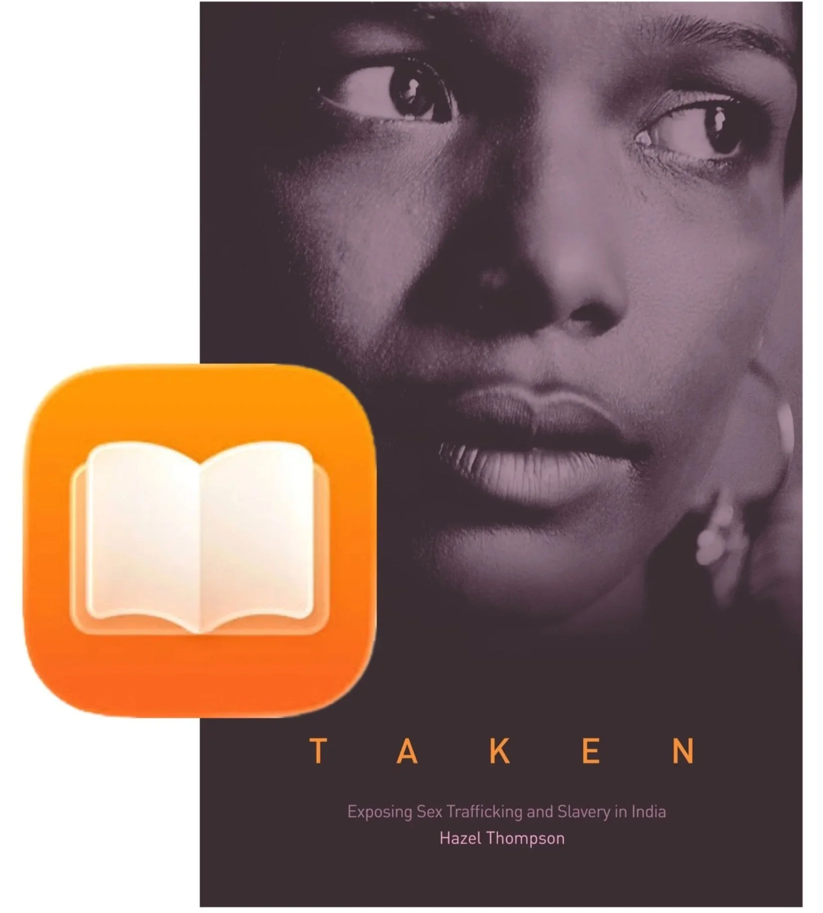 Cover of a book titled "Taken" by Hazel Thompson, featuring a close-up black and white photo of a young woman's face with a serious expression, and an orange icon of an open book.