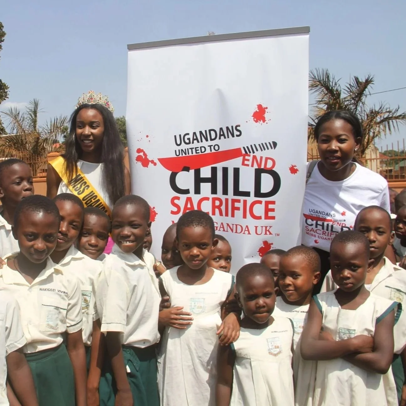 Gladys Kyotungire and Natasha Mutebi delivering child sacrifice awareness sessions in Ugandan schools
