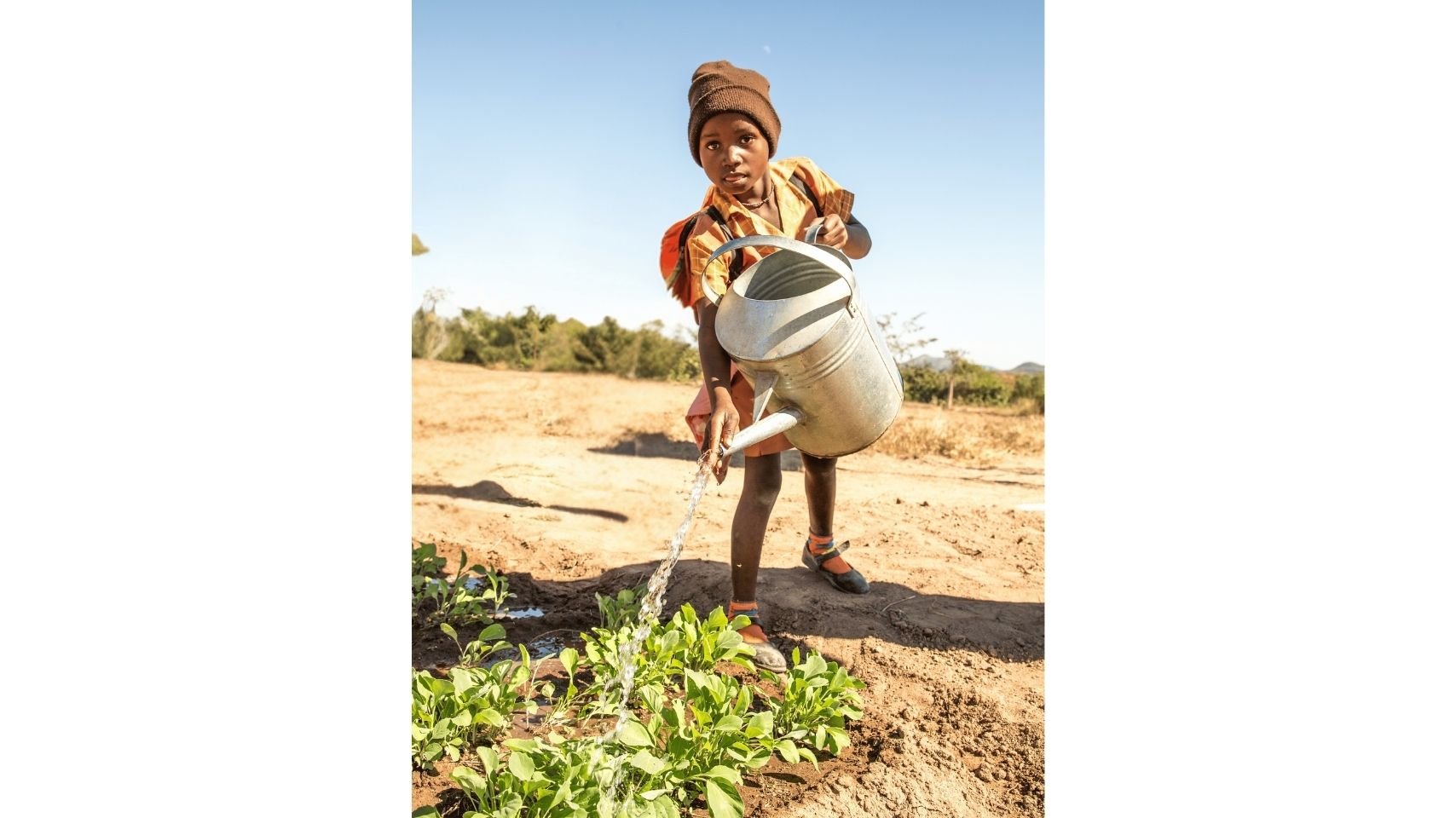 Child watering crops at Jessie's House Farm