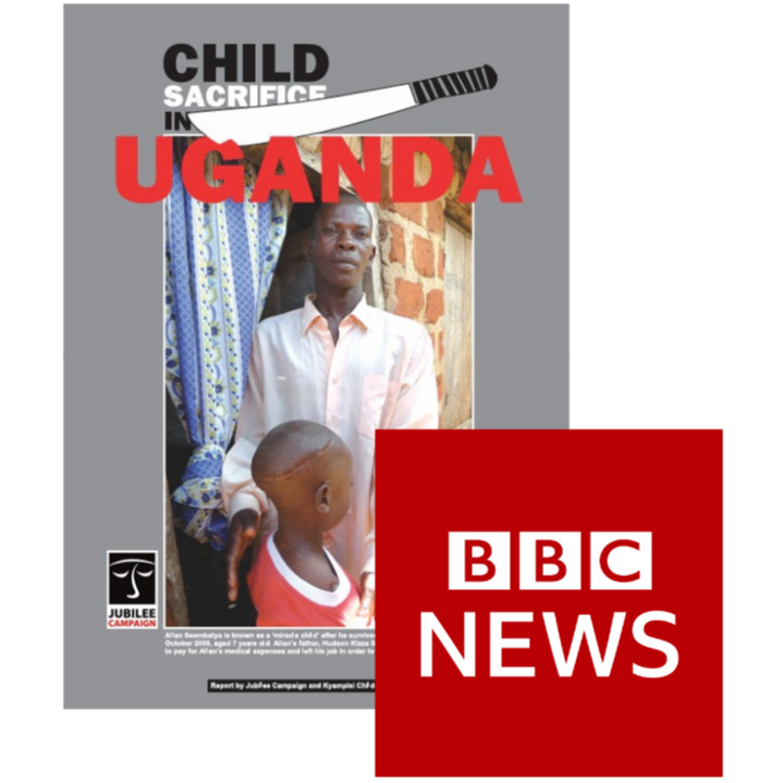 A magazine cover with a photo of an Ugandan child and an adult, overlaid with text about child sacrifice in Uganda, featuring the BBC News logo.