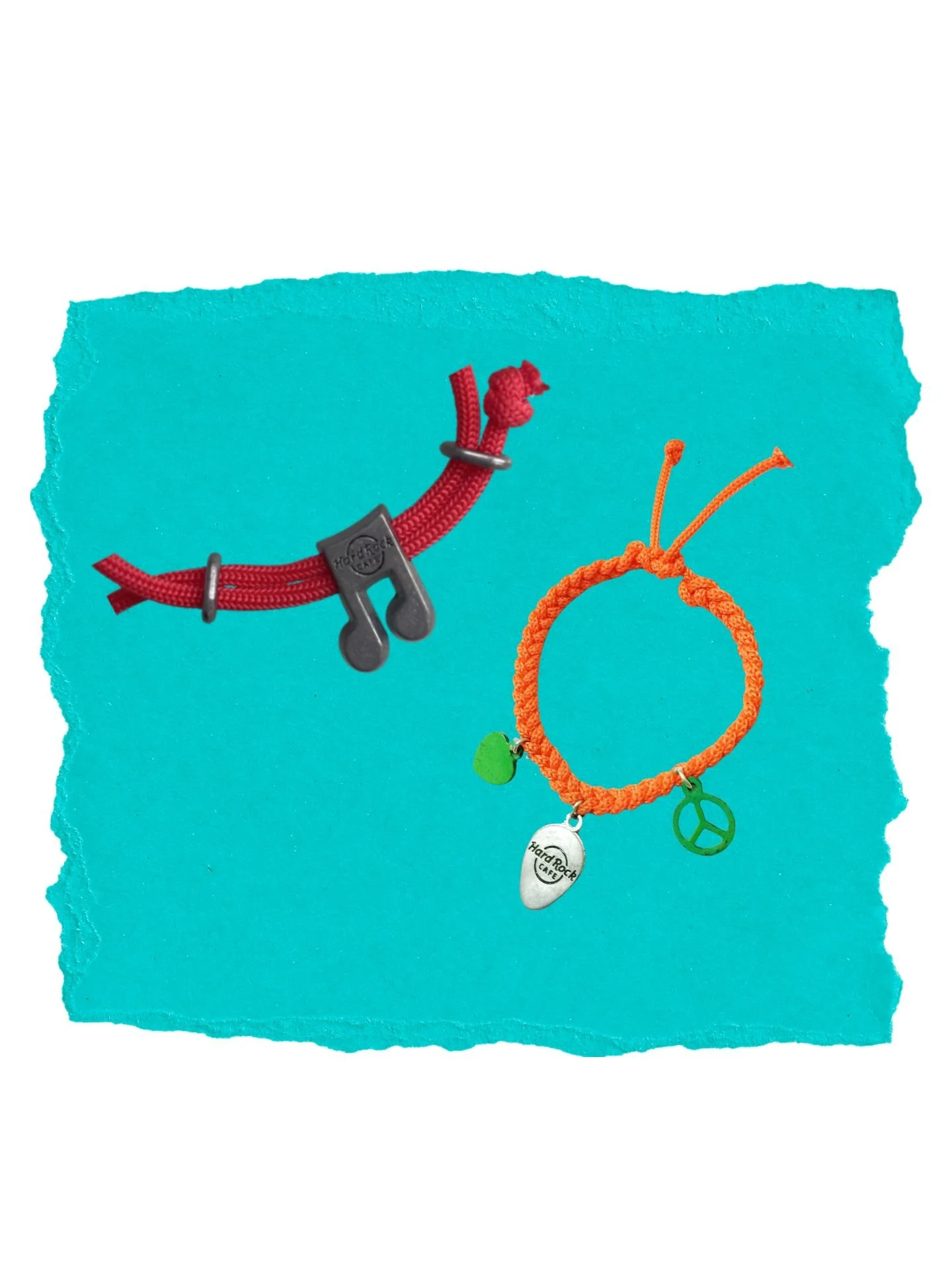 A close up of two of the bracelets with the Hard Rock Café logo that were on sale to raise funds for the Jubilee Homes