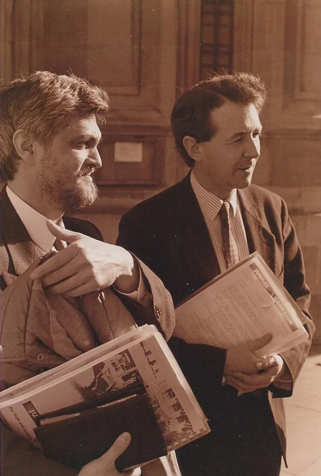 Danny Smith with David Alton MP on their way to lobby the South African Ambassador, 1987
