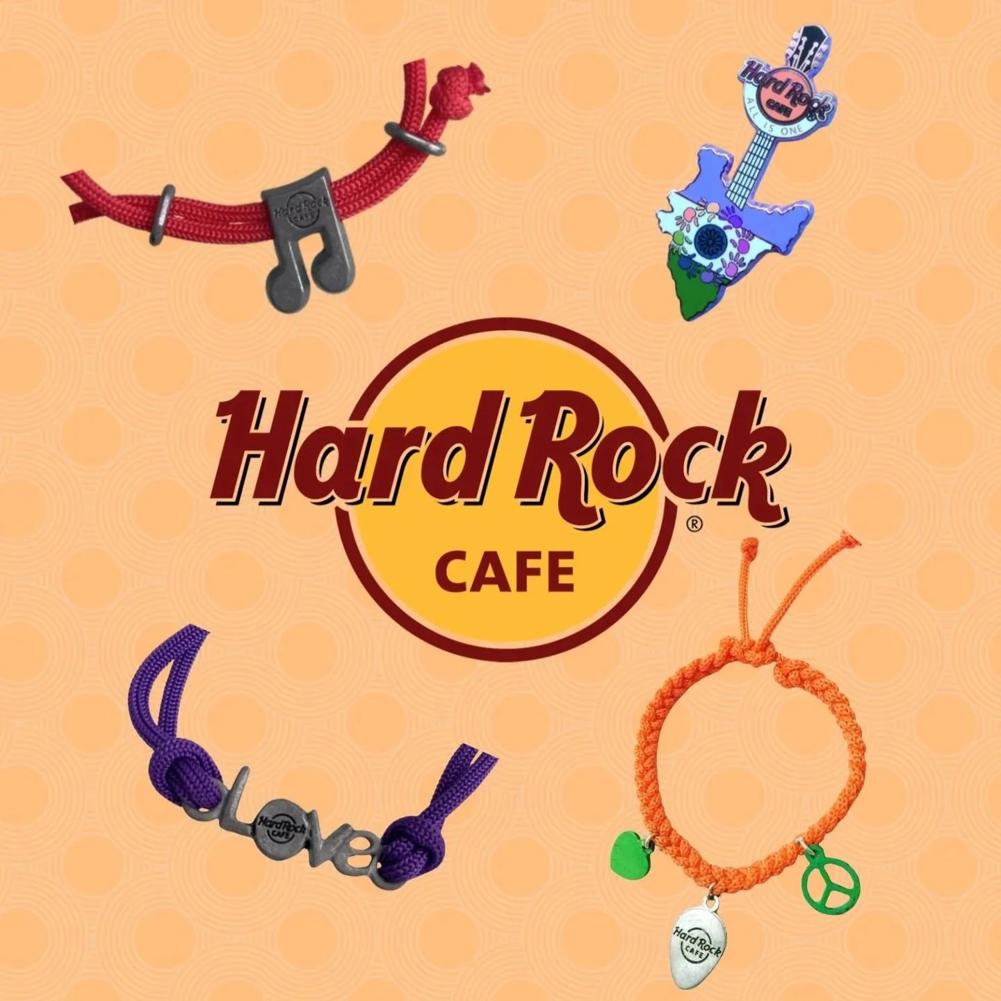 A Hard Rock Cafe logo with a bracelet and a paper cutout of the map of Texas decorated with flowers.