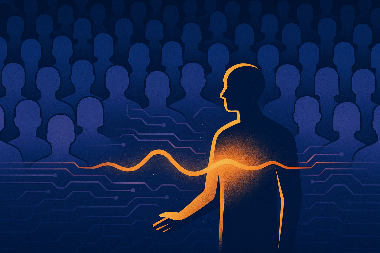 Figure appears illuminated in front of a crowd