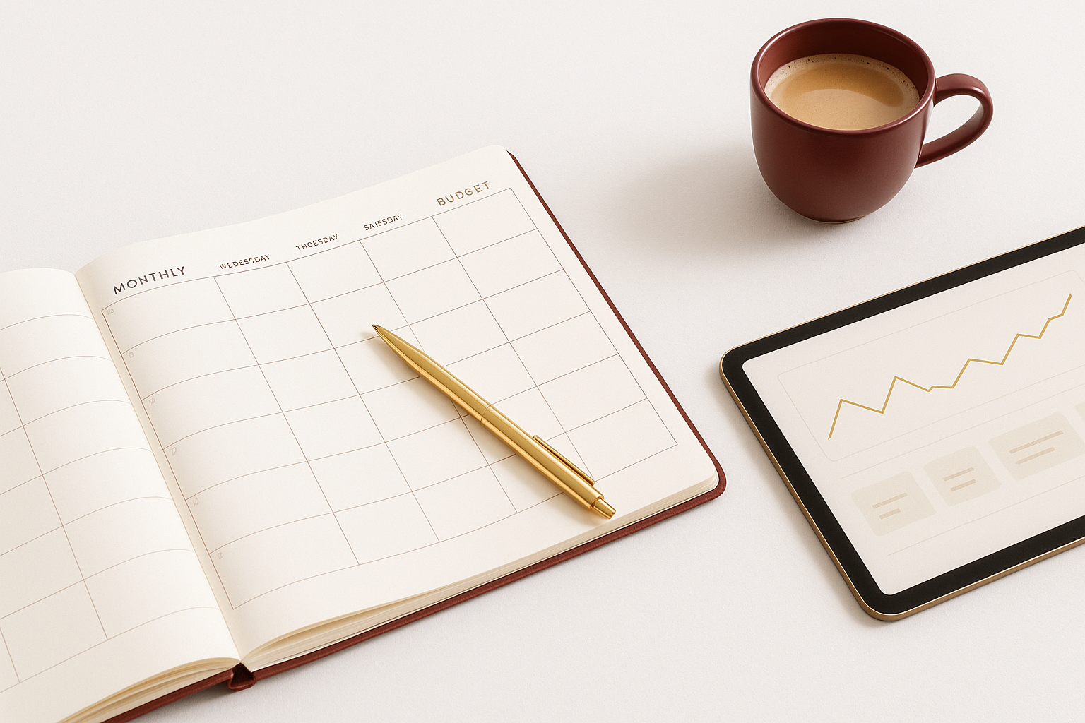 Agenda mensual abierta con un bolígrafo dorado, una taza de café y una tableta con un gráfico de crecimiento en una mesa blanca.