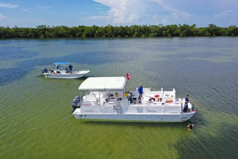 Two boats anchored near the shoreline of a body of water, with people on board and one person in the water. The water has a greenish tint, and there is a dense line of trees in the background against a partly cloudy sky.