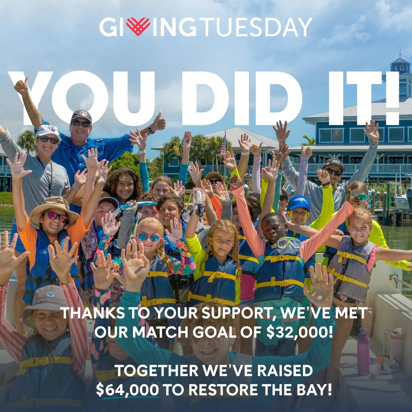 YOU DID IT! 🎉

Because of you we hit our matching grant goal of $32,000! That means we raised a total of $64,000 to restore the bay every day! 

Your generous support will fund our restoration efforts and projects, public education programs for our 