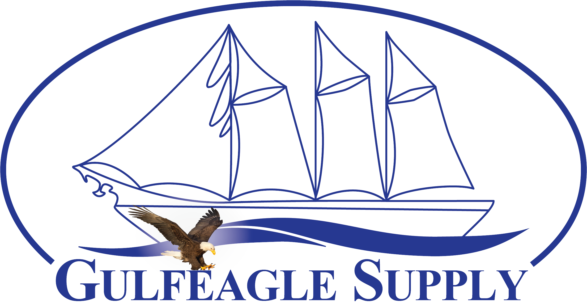 Gulf Eagle Supply logo featuring a stylized eagle flying above a boat with sails, depicted in blue and white colors.