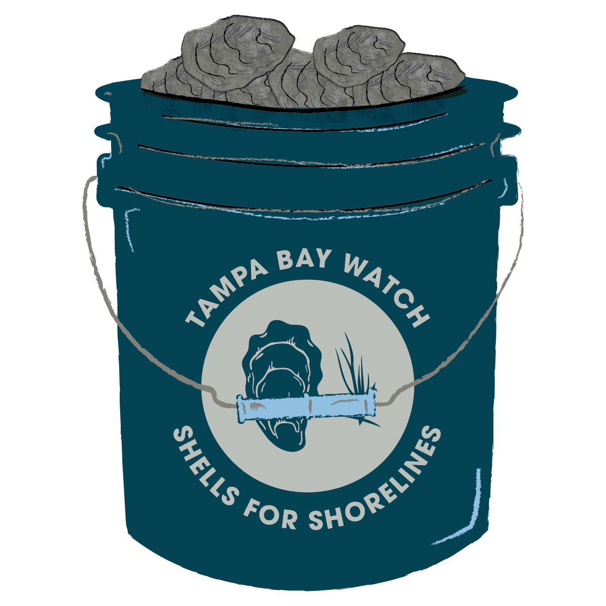 Oyster shells in a shells for shorelines bucket to be recycled