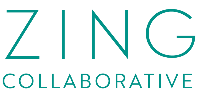 Logo with the words 'ZING COLLABORATIVE' in teal text on a black background.