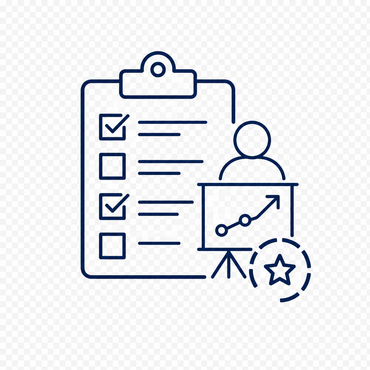 Line drawing of a clipboard with checklists, a person icon, a presentation board with an upward trending arrow, a star icon, and a circular arrow.