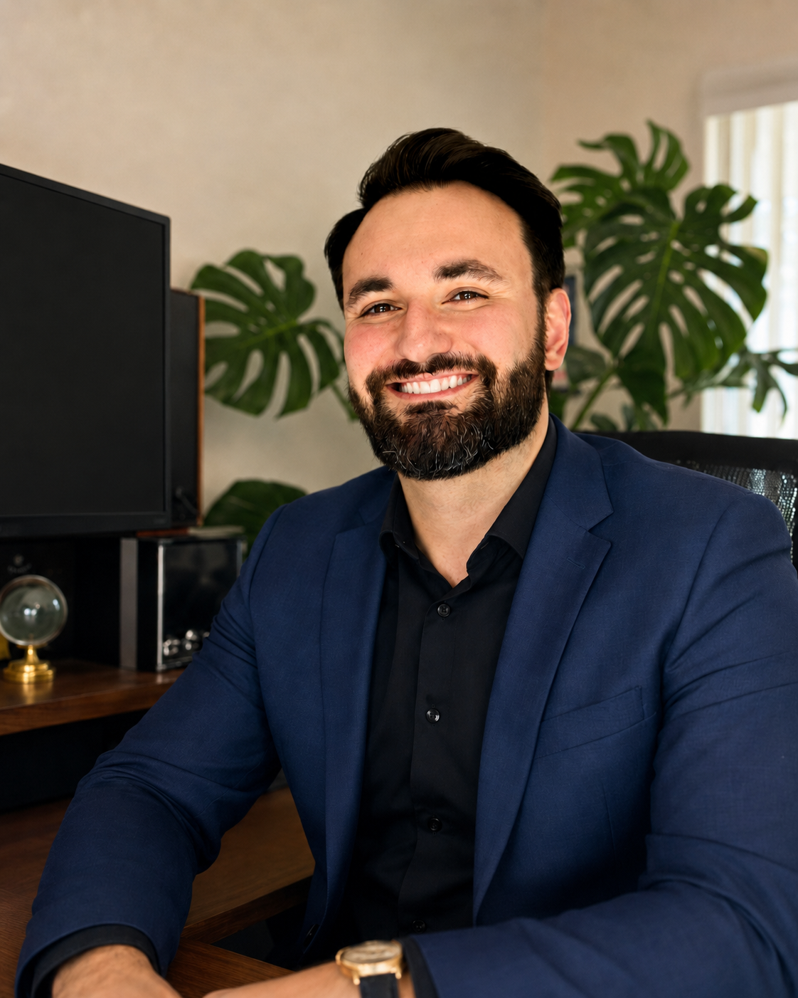 A smiling man with dark hair and a beard sitting at a desk in an office, wearing a dark suit jacket and black shirt. In the background are large green plants and a window with blinds.