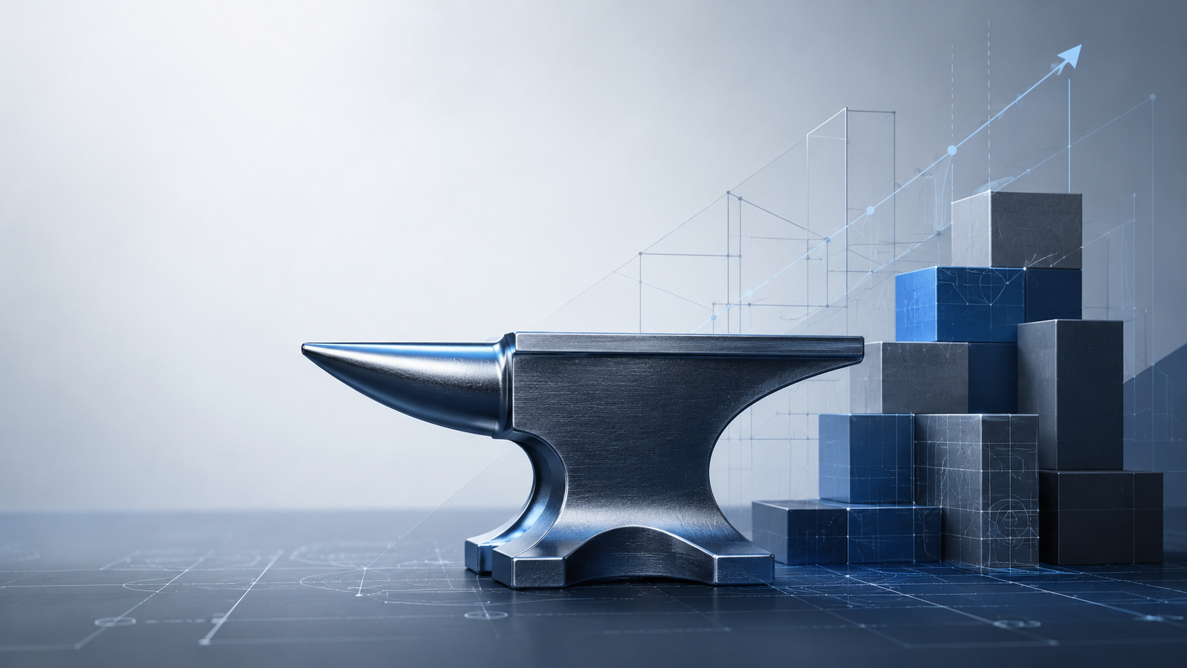 An anvil with a nail on its edge and a stack of blue and gray cubes behind it, set on a dark surface with technical graph overlays and a rising arrow background.