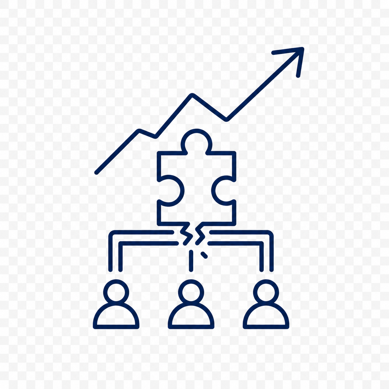 Line drawing of three people connected by a puzzle piece, a rising arrow and a line graph indicating growth or success.
