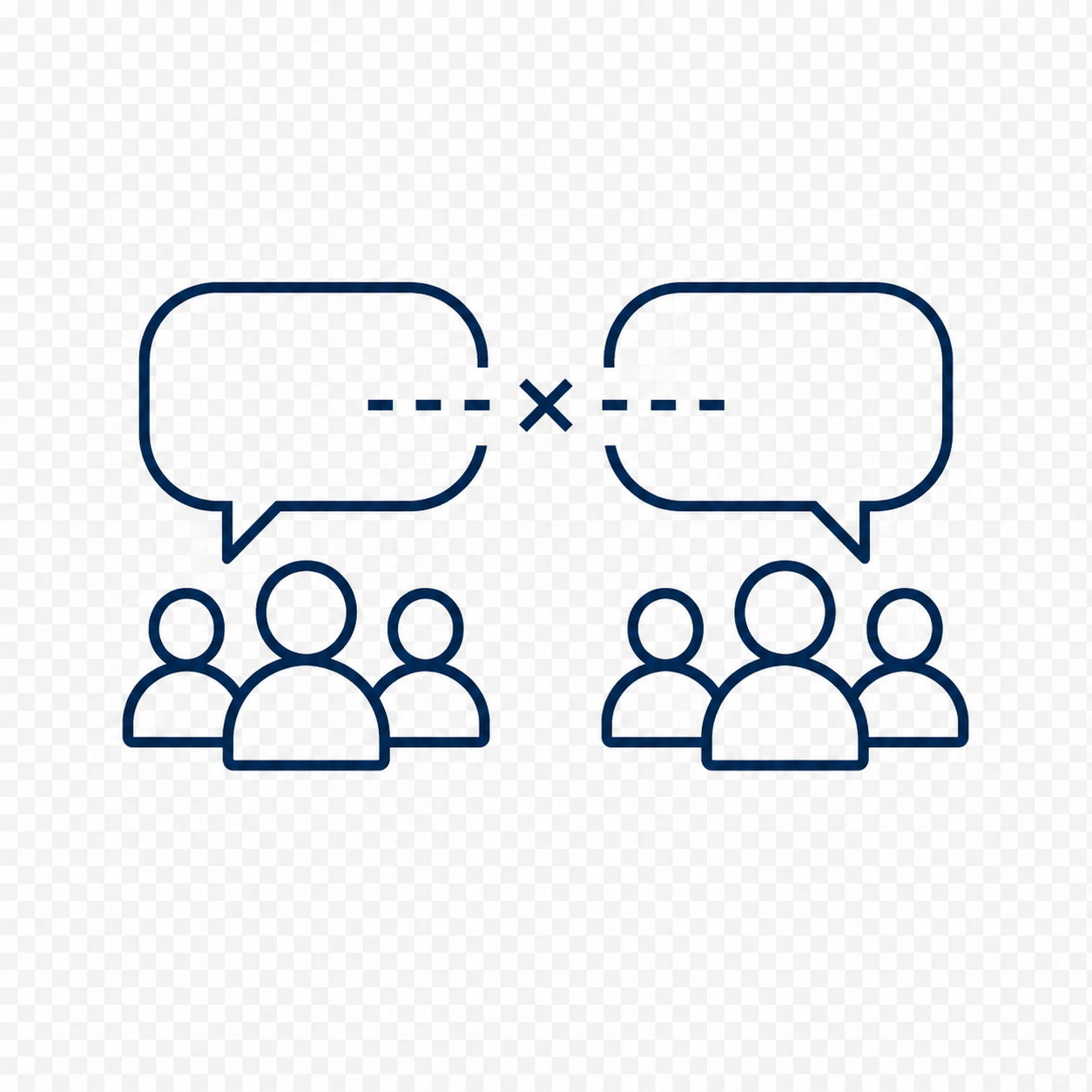 Two groups of people each with a speech bubble and a dashed line connecting the bubbles.
