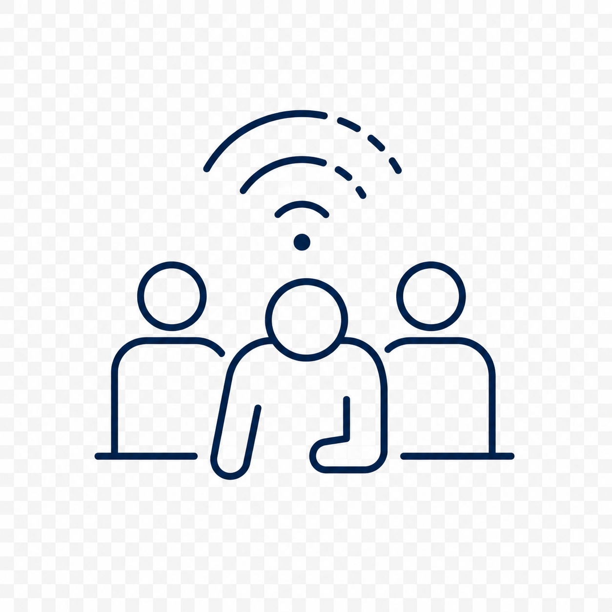 Line drawing of three people sitting with a Wi-Fi signal above them indicating a meeting or collaboration involving technology.
