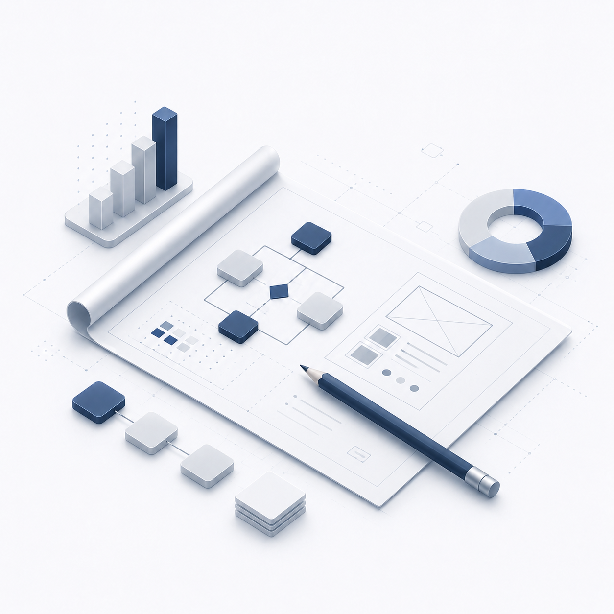 Digital business analytics workspace with charts, diagrams, and a pen on a printed layout