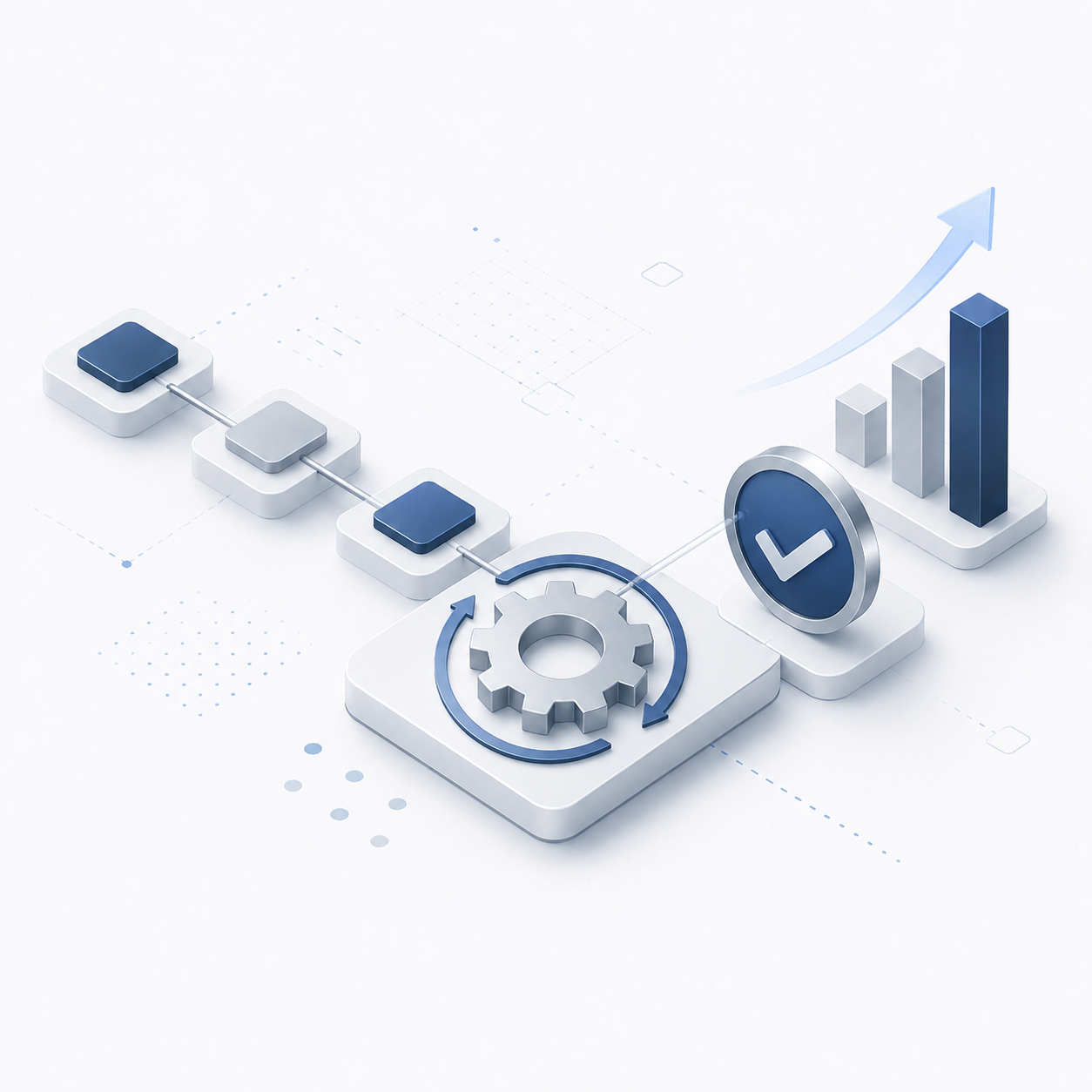 Futuristic digital illustration of a workflow process with gears, checkmark, and ascending bar graph with an upward arrow.