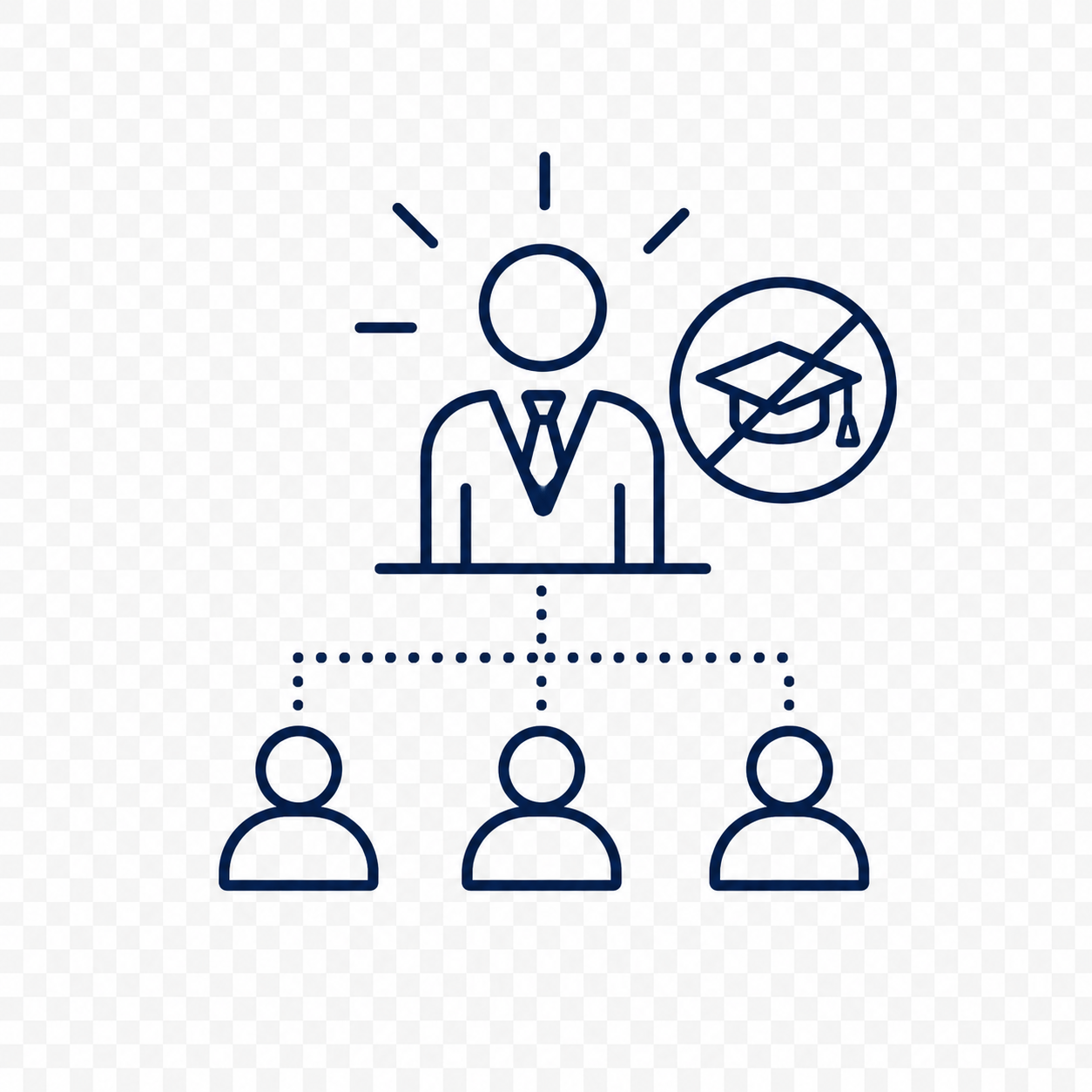 A line drawing of a person in a suit with a light bulb over their head, symbolizing an idea, and a 'no graduation cap' sign, with three people below connected to the person above, suggesting leadership or education without formal graduation.
