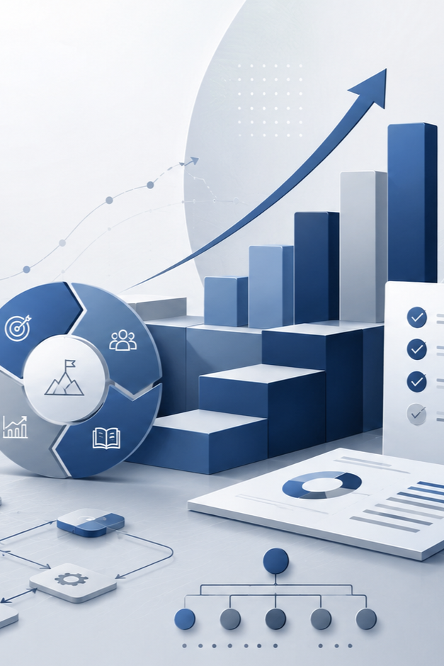 Business graph with upward arrow, bar chart, pie chart, and infographics on a white background