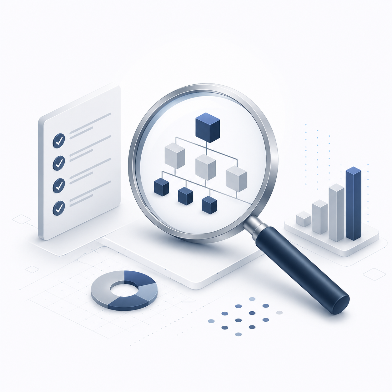 Illustration of data analysis with a magnifying glass highlighting a hierarchical chart, bar graphs, and a checklist on a white background.