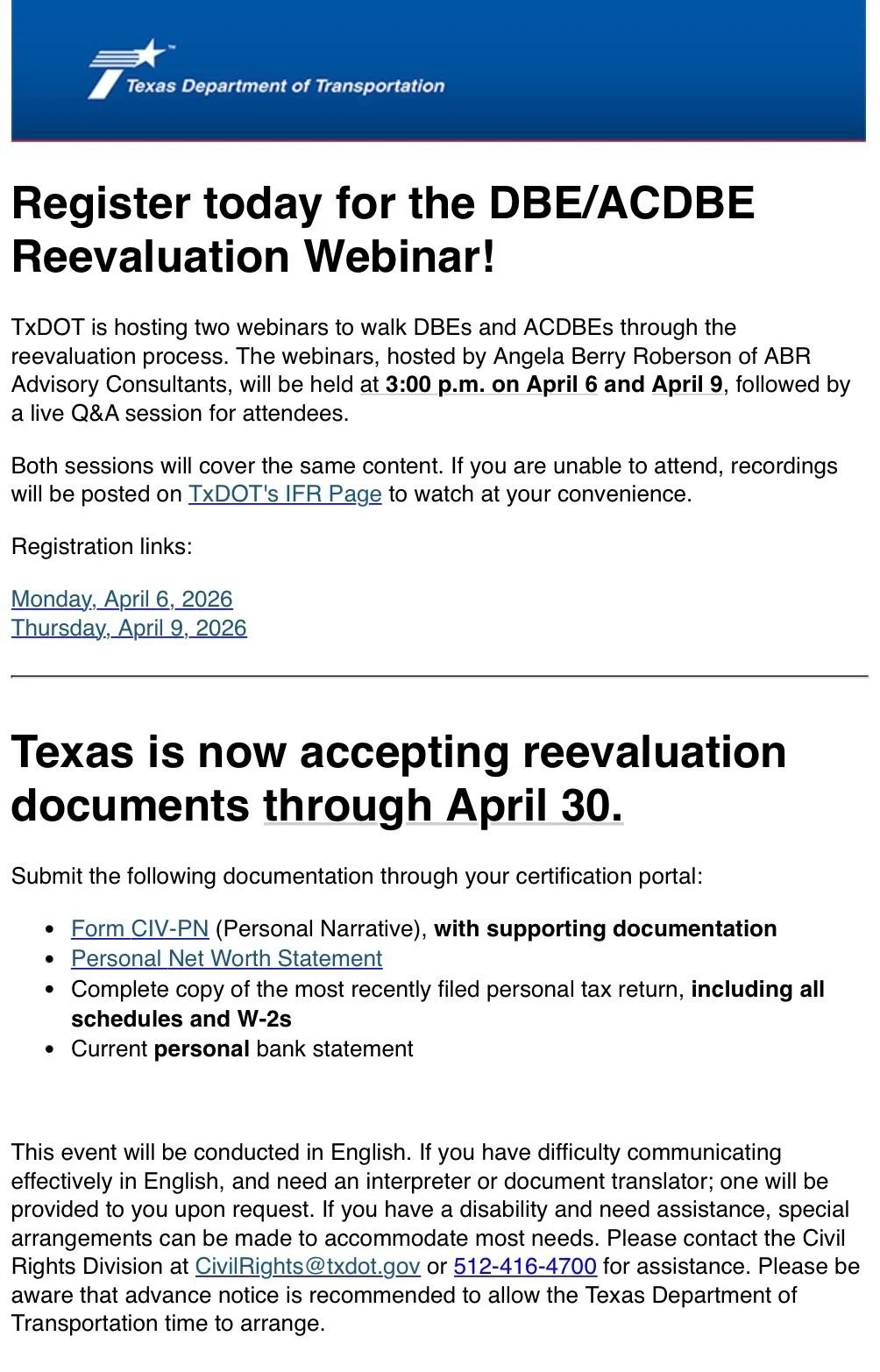 Register today for TxDOT’s DBE/ACDBE Reevaluation Webinars!