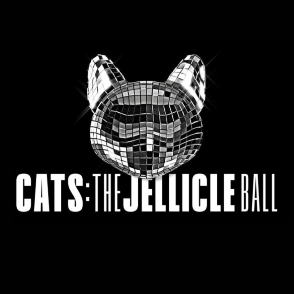 A disco ball shaped like a cat's head with ears, reflecting light, with the text 'CATS: THE JELLICLE BALL' below it.
