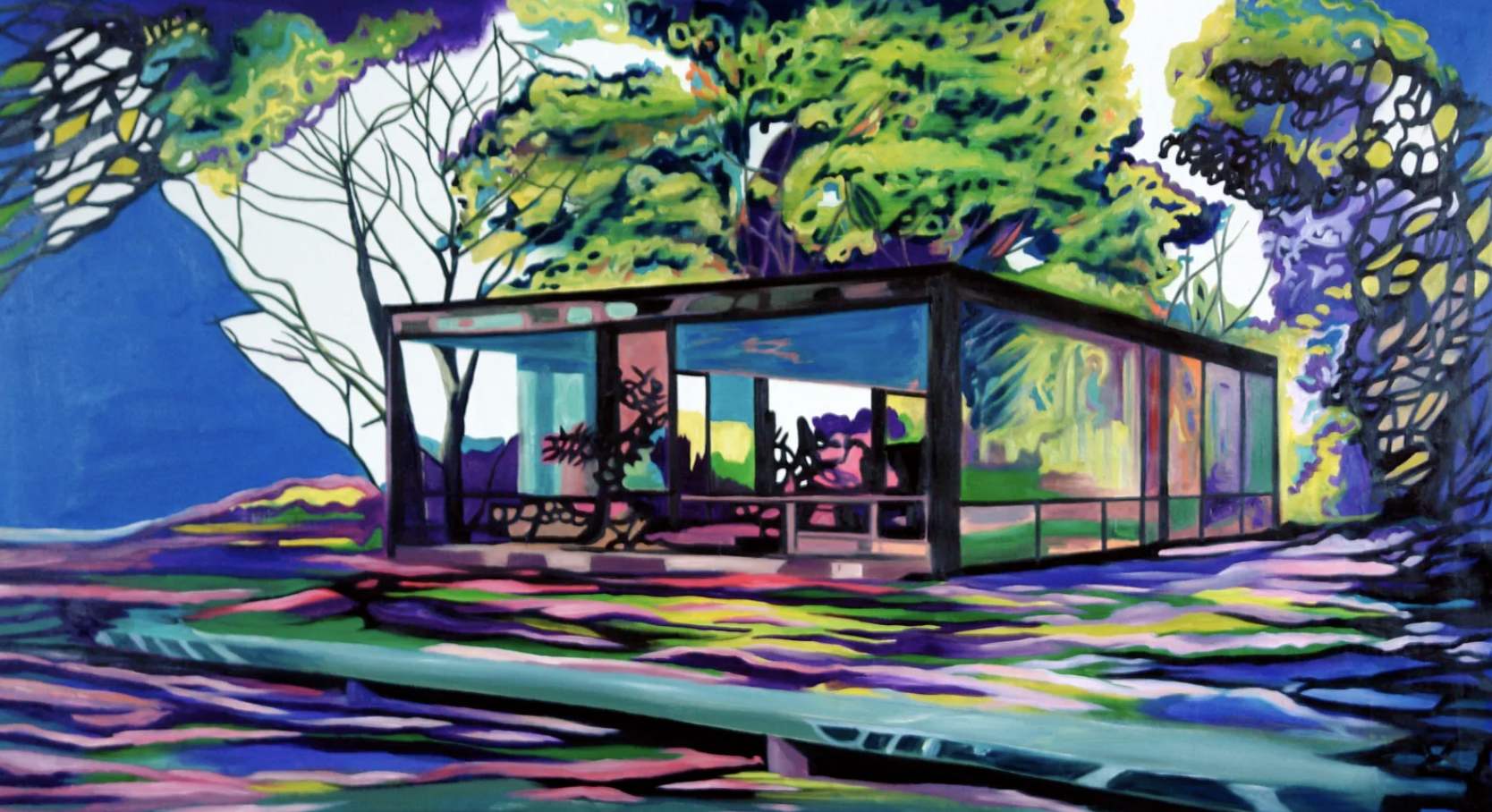 Colorful painting of a modern house with large windows, surrounded by trees and landscape with mountains in the background.