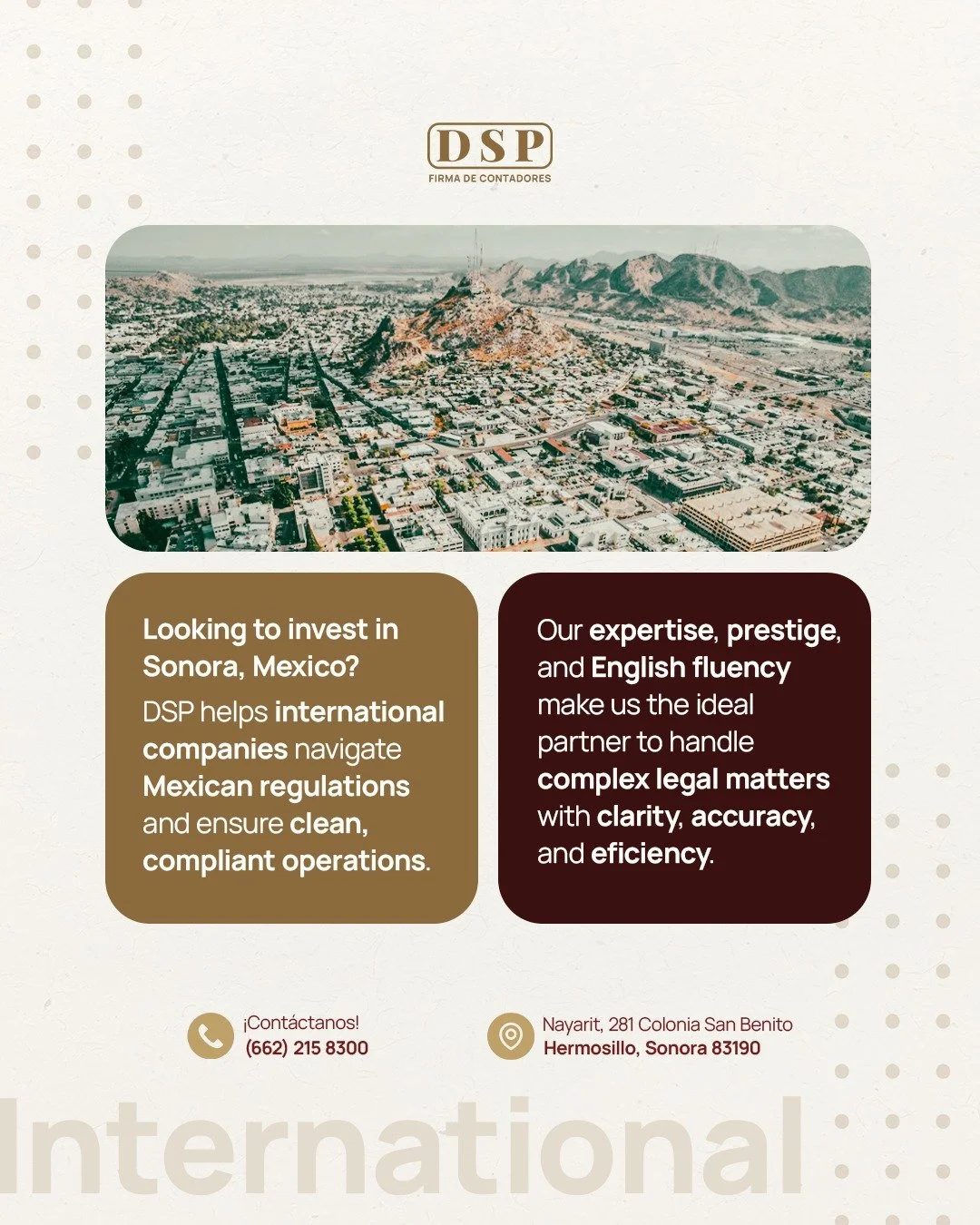 Thinking about investing in Mexico? 🇲🇽
With over 44 years of experience in tax, audit, and legal mediation, we help international companies operate with confidence, compliance, and clarity.
From IRS certifications to bilingual legal support &mdash;