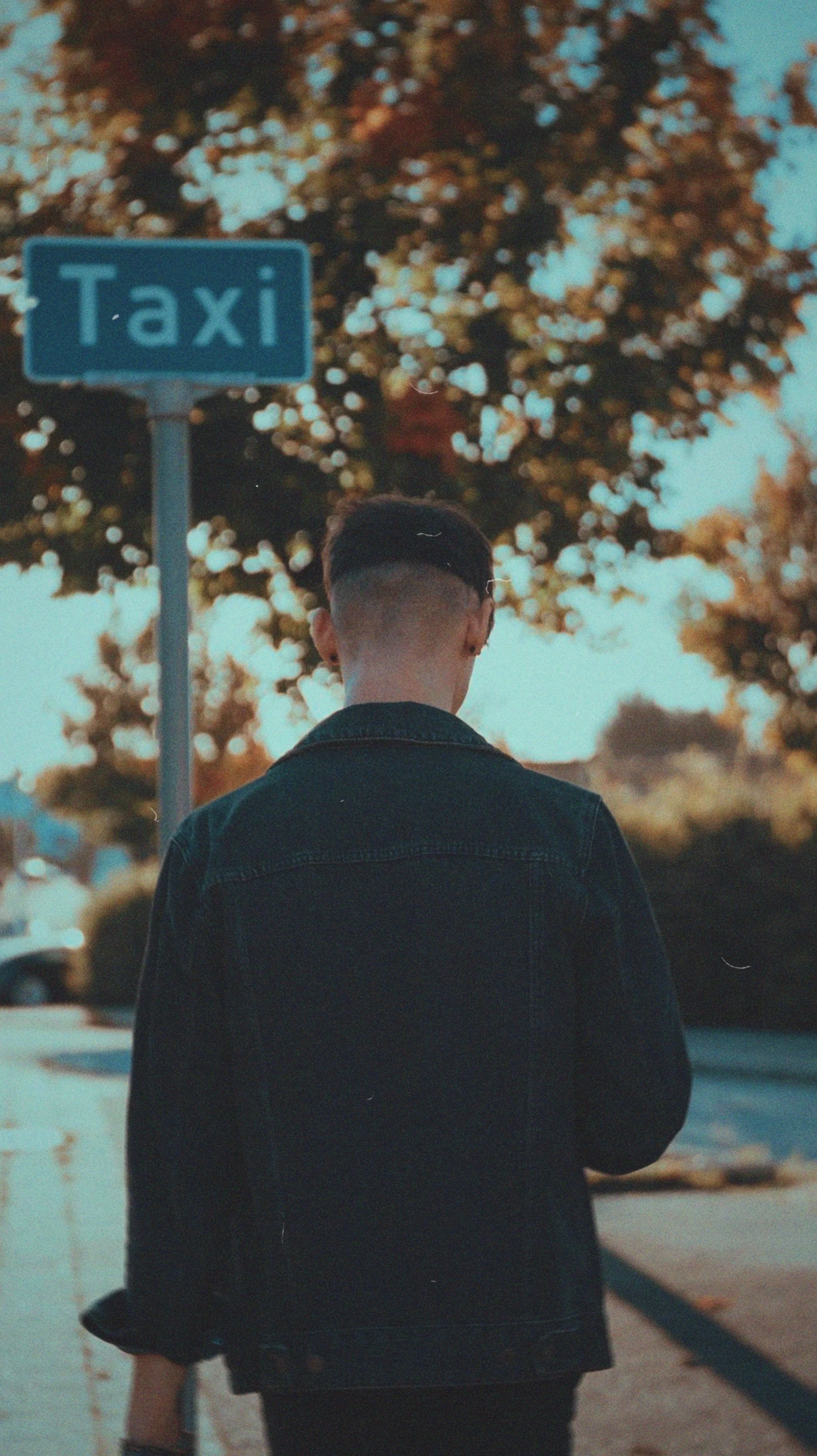 A person standing near a street sign that says 'Taxi' and trees with autumn-colored leaves in the background.