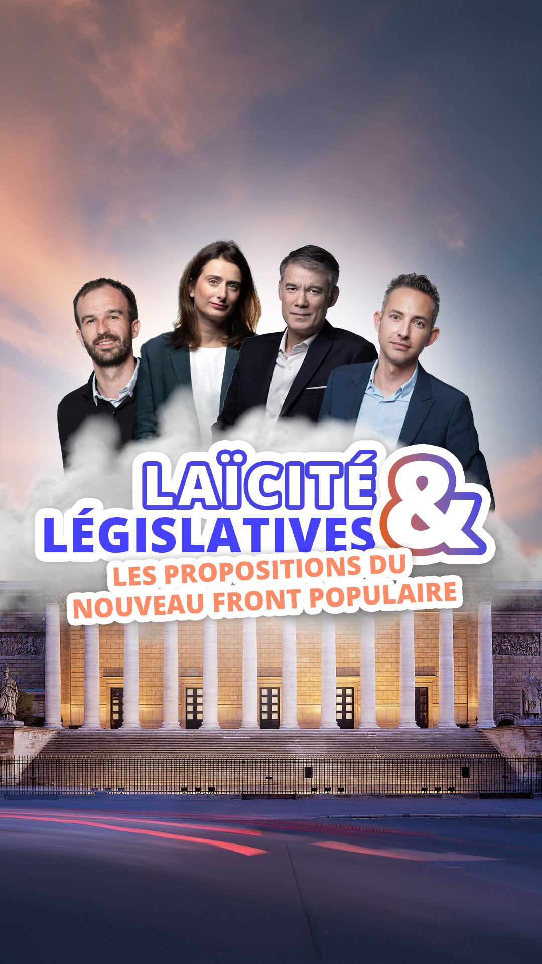 Affiche électorale avec portrait de quatre personnes, texte en français, illustration de l'Assemblée nationale