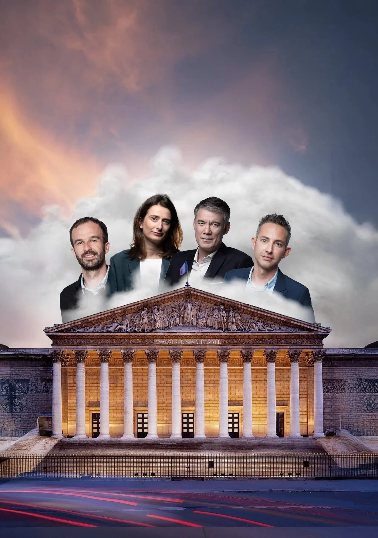 Montage d'une image d'un bâtiment du parlement français avec des visages de quatre personnes qui flottent au-dessus, comme dans un rêve, devant un ciel nuageux avec un coucher de soleil.