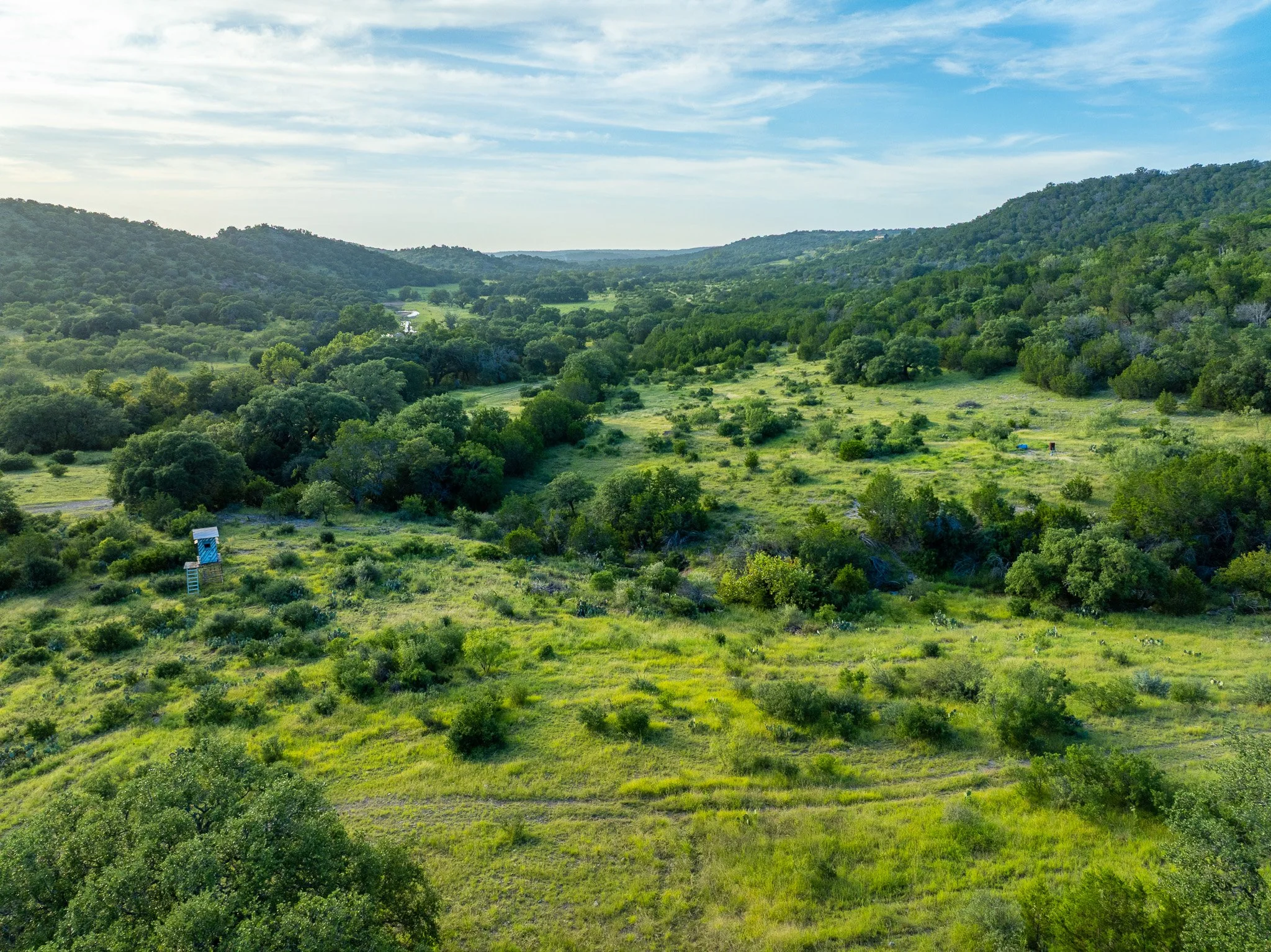 Drone photography of a ranch with a small pond, dirt roads, green fields, trees, and a clear blue sky.