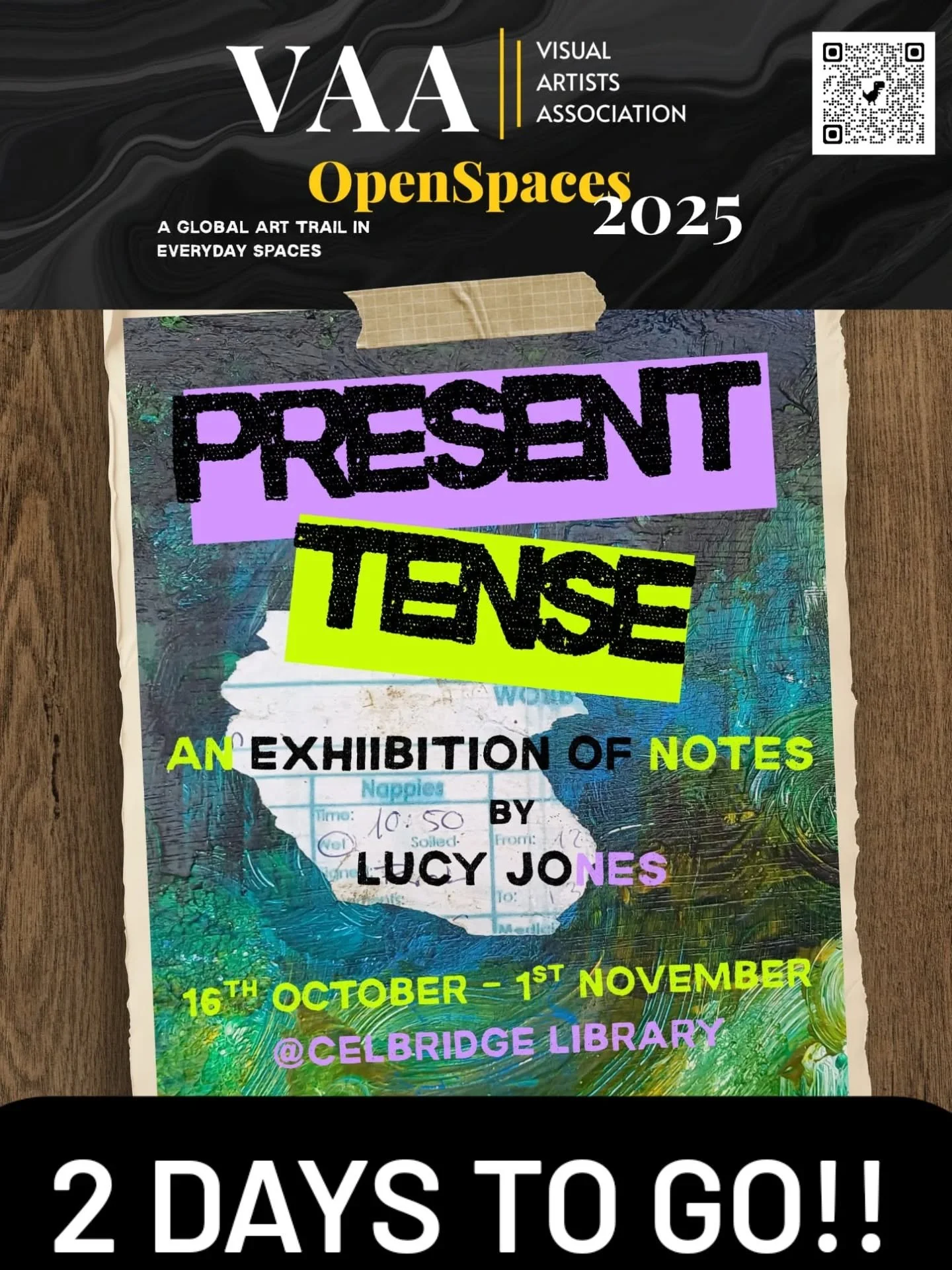 Only two days until you can view PRESENT TENSE! 
16th October - 1st November 
@Celbridge Library 
Open Monday - Saturday  10am-5pm
Late night till 8pm Tuesday and Thursday 

Cannot wait to see you there

#vaaopenspaces2025 
#vaaworkingartist 
#vaa
#a