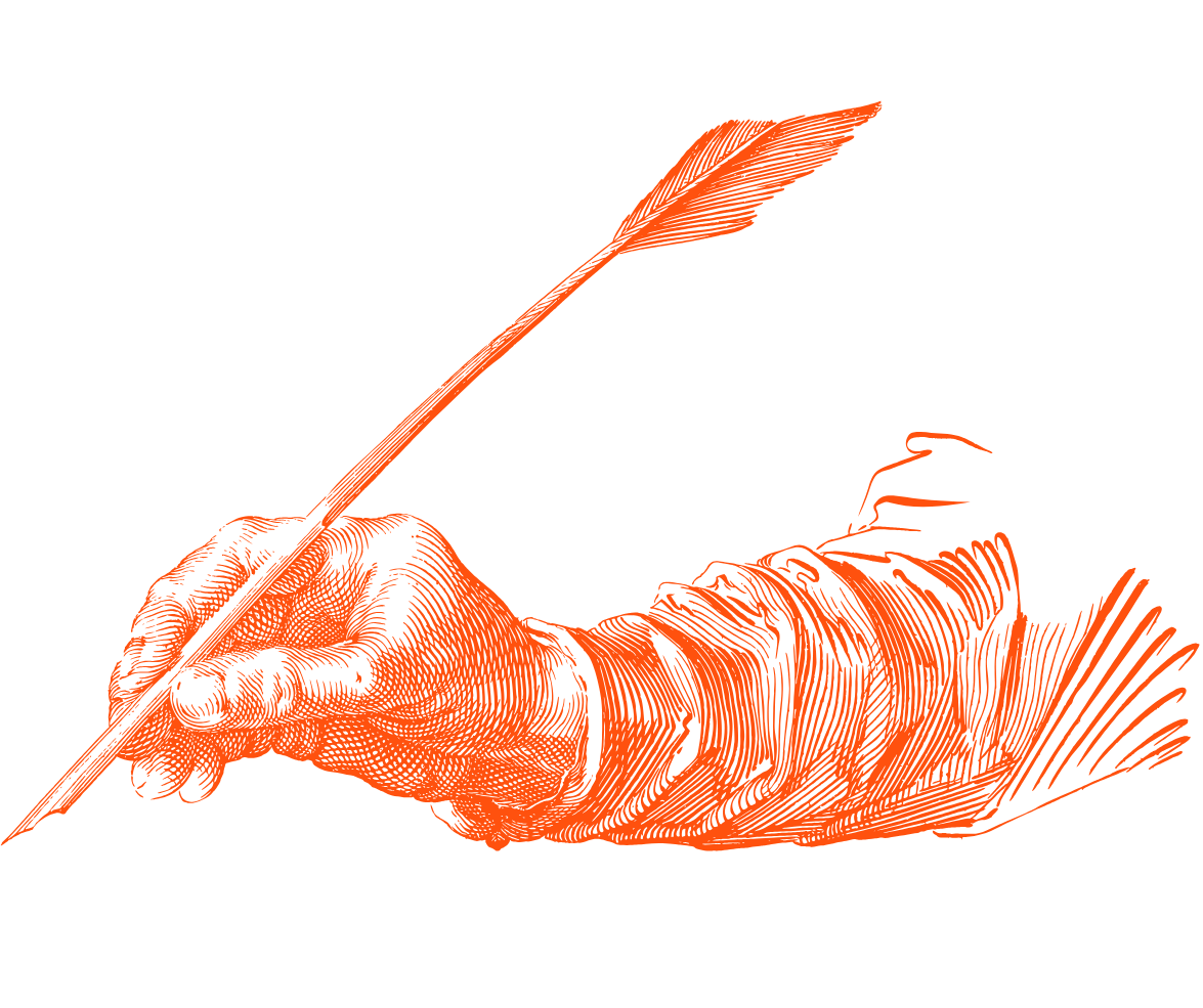 Illustration einer menschlichen Hand, die eine Schreibfeder hält.