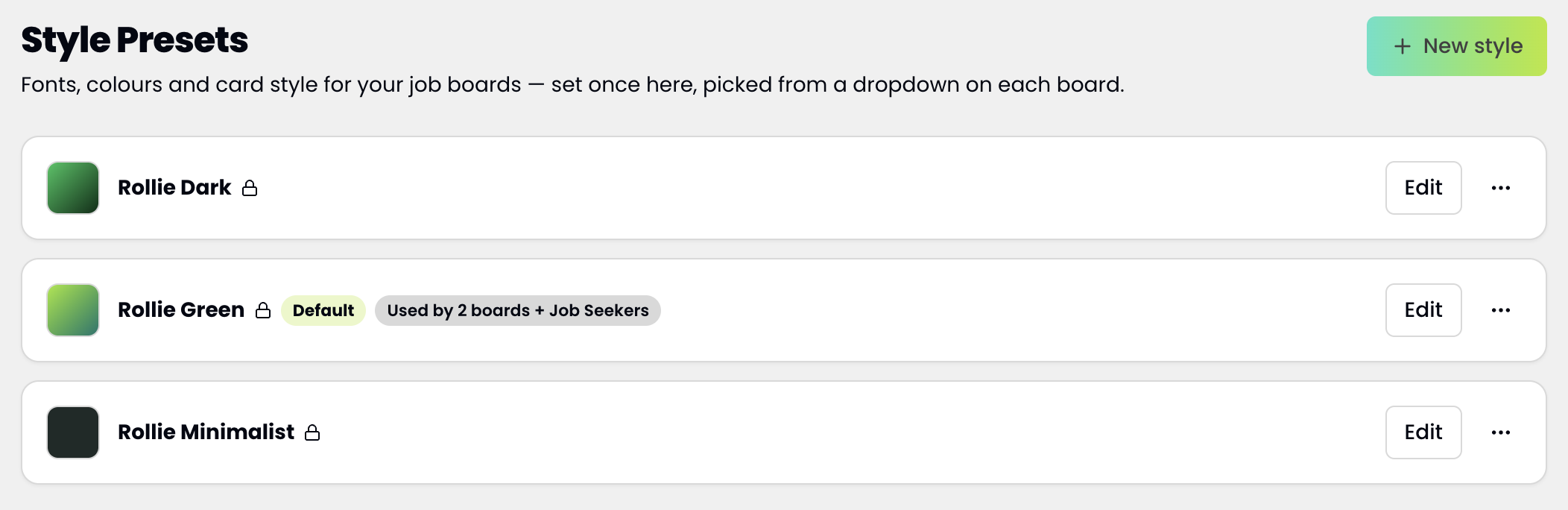 Rollie job board style presets
