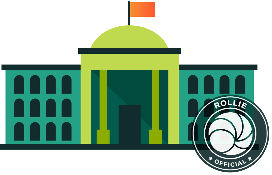 Illustration of a large, green and dark teal government or institutional building with columns, a domed roof, and a flag on top, depicted in a flat, minimalist style.
