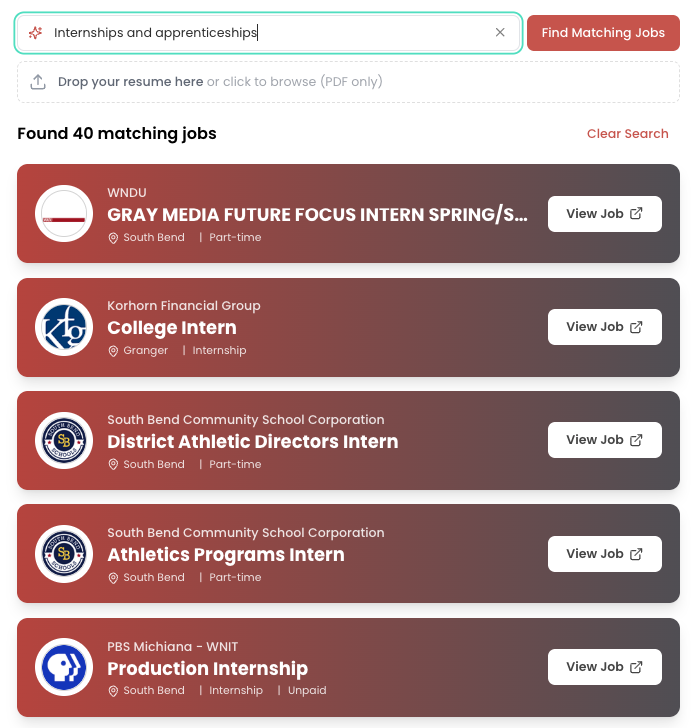 Job board with internships