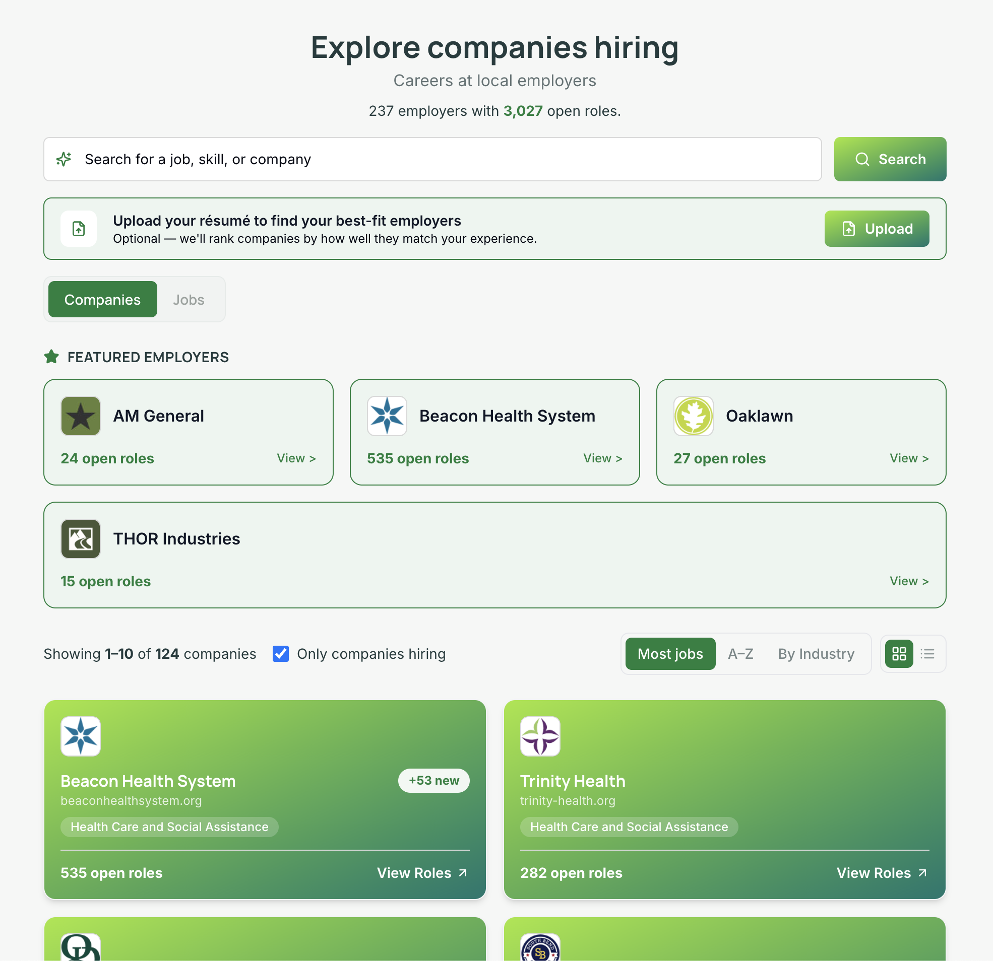 Rollie job board view with companies tab