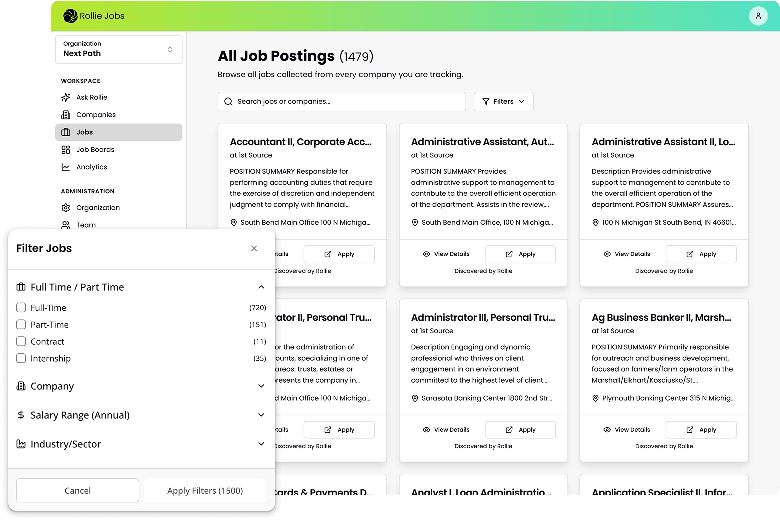 Screenshot of a job listing platform called Rollie Jobs showing all job postings. The interface includes a left sidebar with filters for workspace, administration, and filter options like full-time or part-time. The main section displays multiple job postings including titles, brief descriptions, locations, and application buttons.