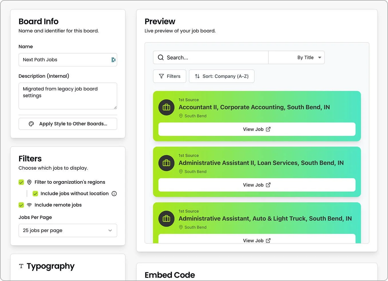 Screenshot of a digital job board interface showing job listings from South Bend, IN, including positions such as Accountant II, Administrative Assistant II, Loan Services, and Auto & Light Truck.