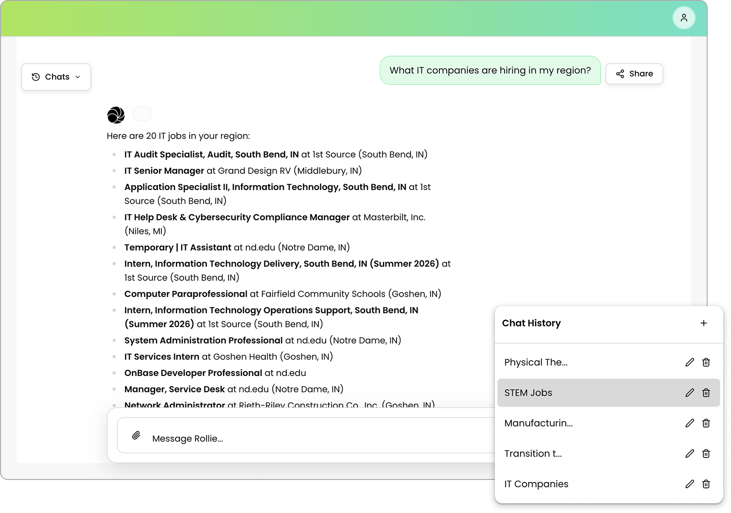 Screenshot of a messaging app showing a chat titled 'STEM Jobs' with a list of 20 IT job postings in a specific region, along with a sidebar menu with different chat categories.