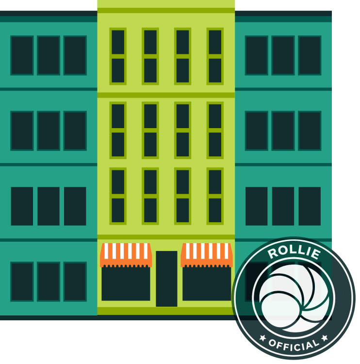 A colorful graphic illustration of a green city building with black windows and red awnings, with a Rollie Official badge in the bottom right corner.