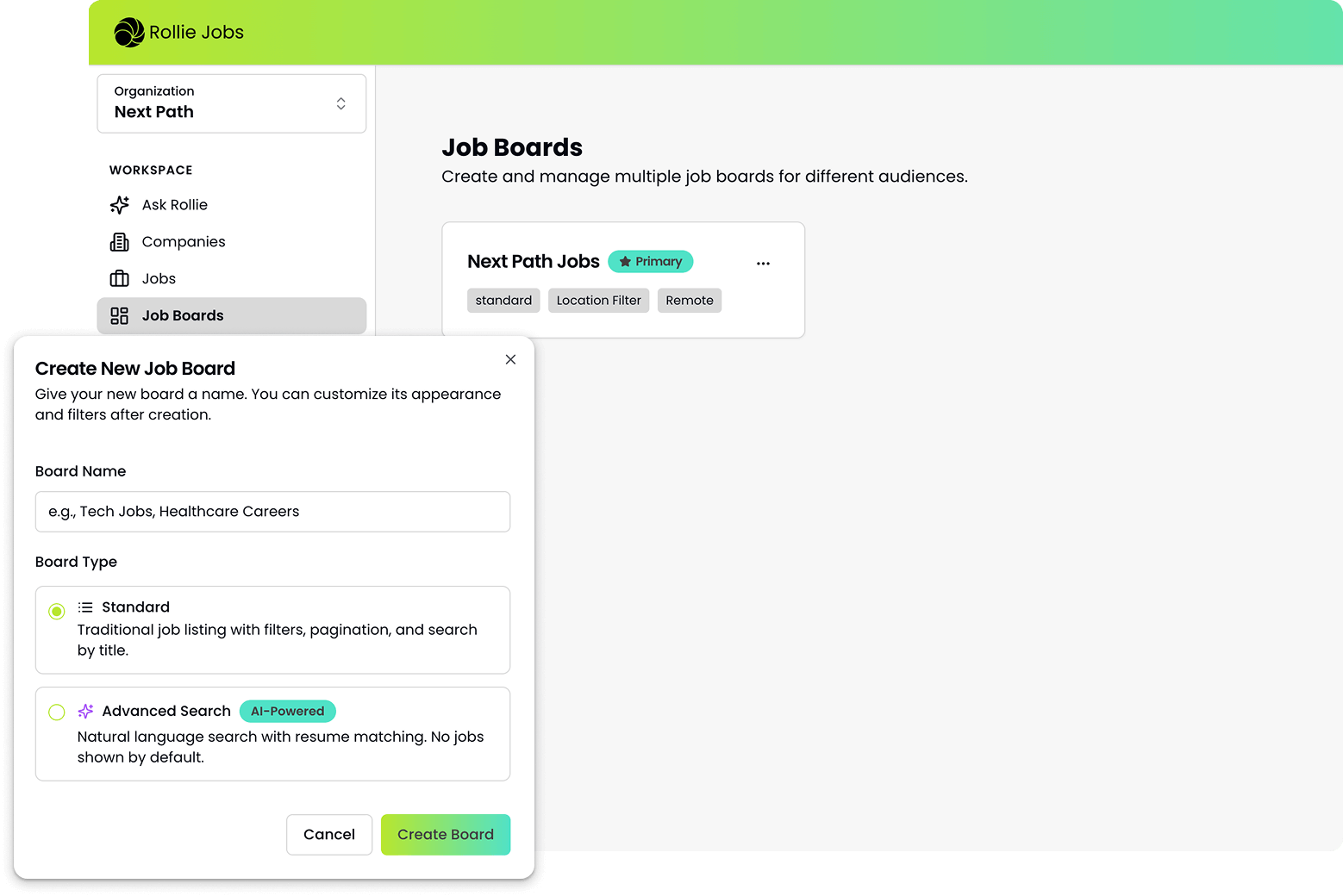 Screenshot of a web interface for creating and managing job boards, showing a panel to create a new job board with options for board name, type, and filters, and a list of existing job boards in the background.