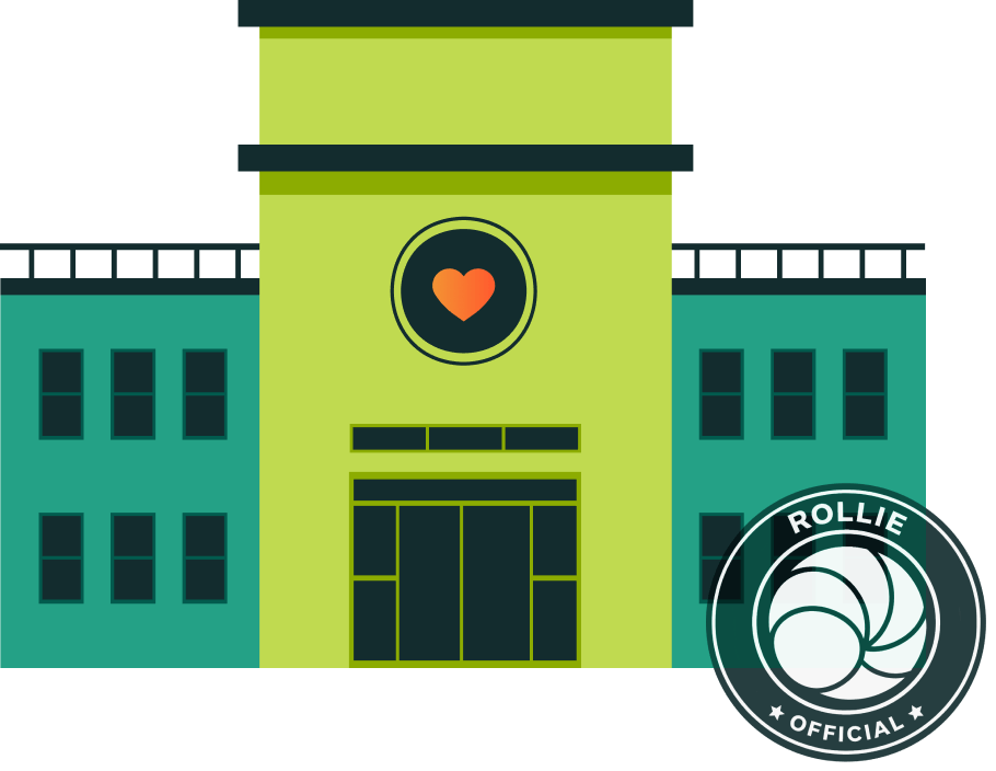 A digital illustration of a city building with a heart symbol on top and a logo in the bottom right corner reading "Rollie Official"