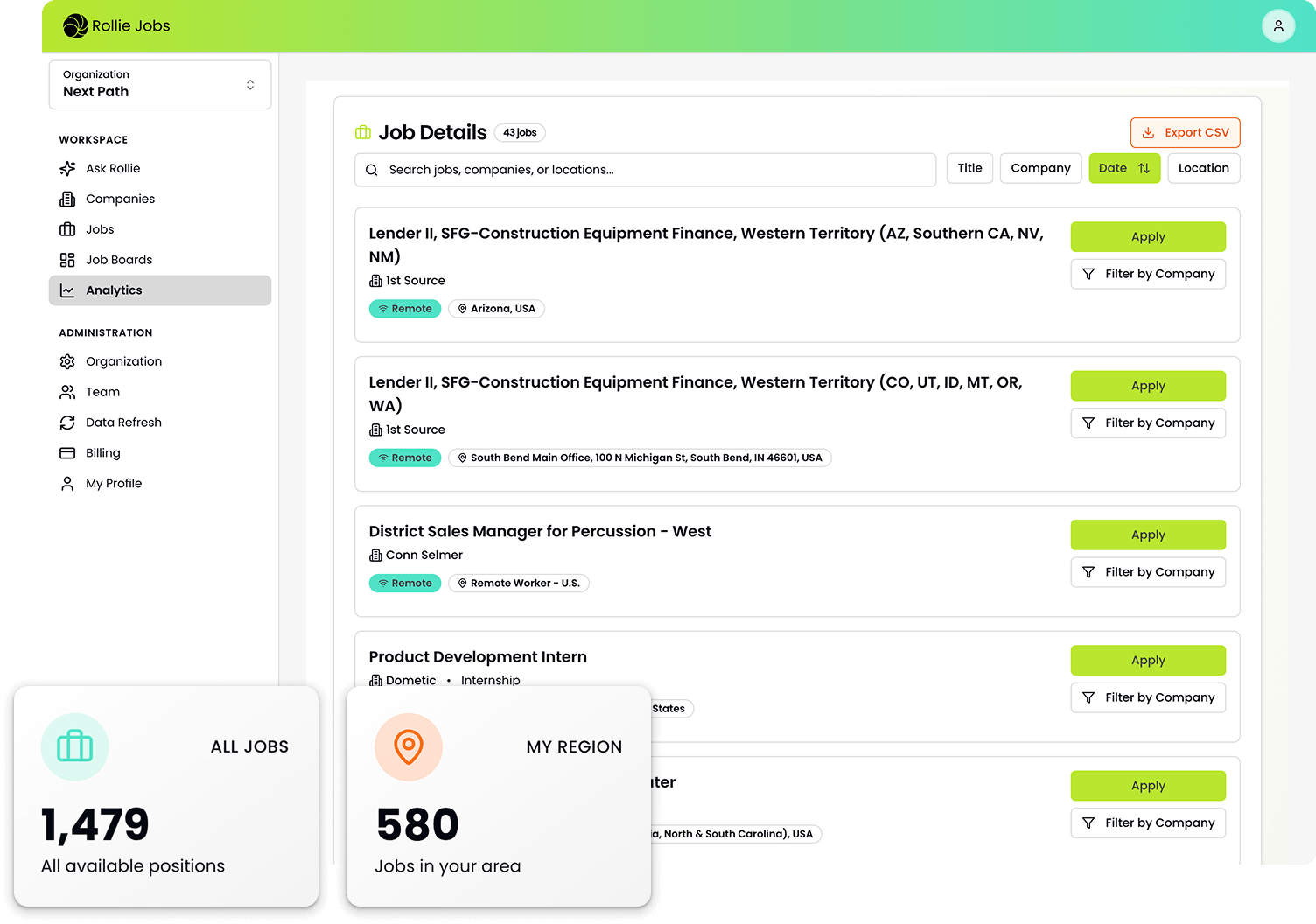 Screenshot of a job search website showing various job listings, filters, and regional job counts.