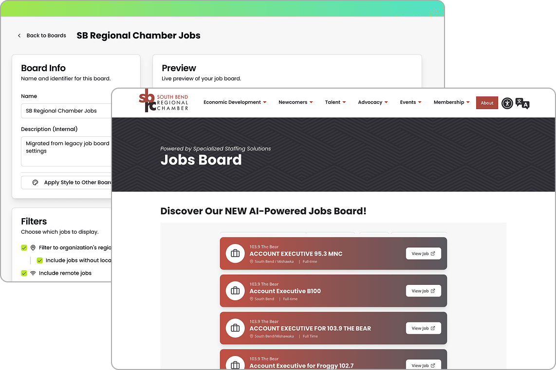 Screenshot of a job board webpage titled 'SB Regional Chamber Jobs' showing job listings in the area