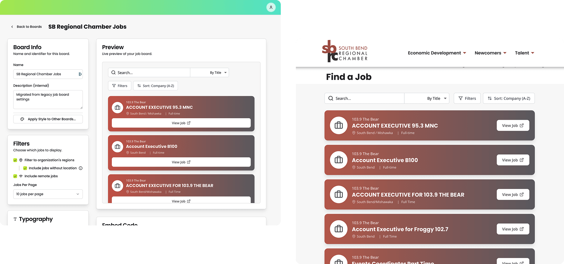 Comparison of a job board webpage being edited with a preview of job listings on the left and the live webpage on the right, showing job titles, companies, locations, and 'View Job' buttons.
