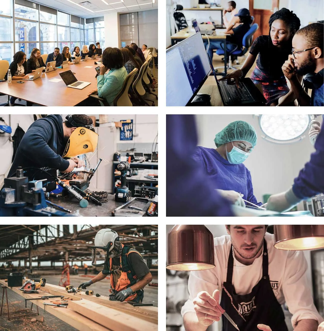 Collage of six images: a business meeting with professionals in a conference room, two individuals collaborating on a laptop, a person welding in a workshop, a female surgeon performing surgery in an operating room, a worker in a factory wearing safety gear operating power tools, and a chef tasting food in a kitchen.