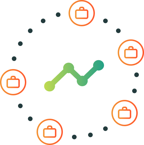 A clock with a green and blue line graph in the center, surrounded by six icons of briefcases in orange circles.